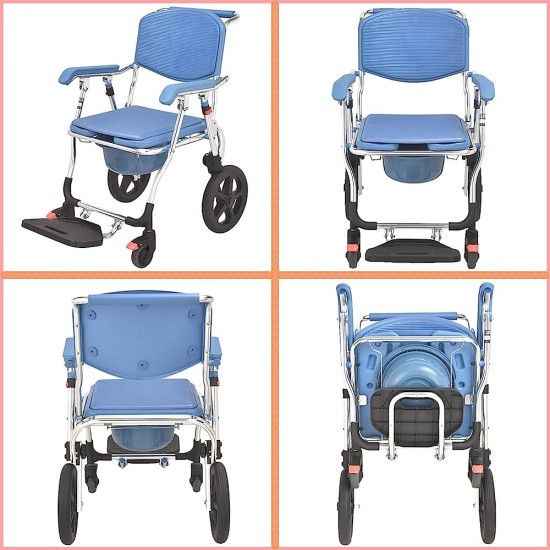3 in 1 Folding Shower Wheelchair Bedside Commode with Pail Soft Cushion Backrest Locking Wheels