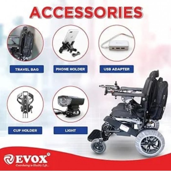 Evox WC 109A Electric Wheelchair Auto Folding with LED Light Cup Holder Phone Holder USB Adapter