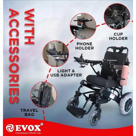 Evox WC 109A Electric Wheelchair Auto Folding with LED Light Cup Holder Phone Holder USB Adapter