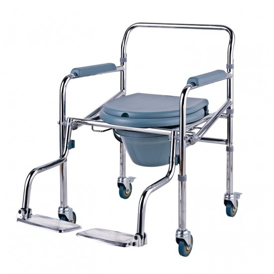Height Adjustable Bathroom Commode Chair With Wheels & Footrest