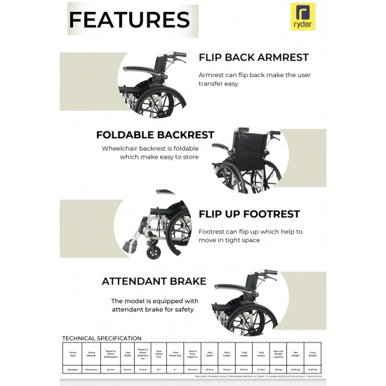 Karma Ryder 14 Aluminum Wheelchair with Flip-Up Armrest & Footrests Karma Ryder 14 Aluminum Wheelchair with Flip-Up Armrest & Footrests