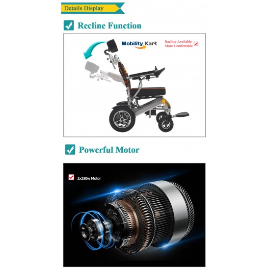 Recliner Backrest Ultralight Foldable Power Wheelchair with Electromagnetic Brake Indicator Light & Headrest